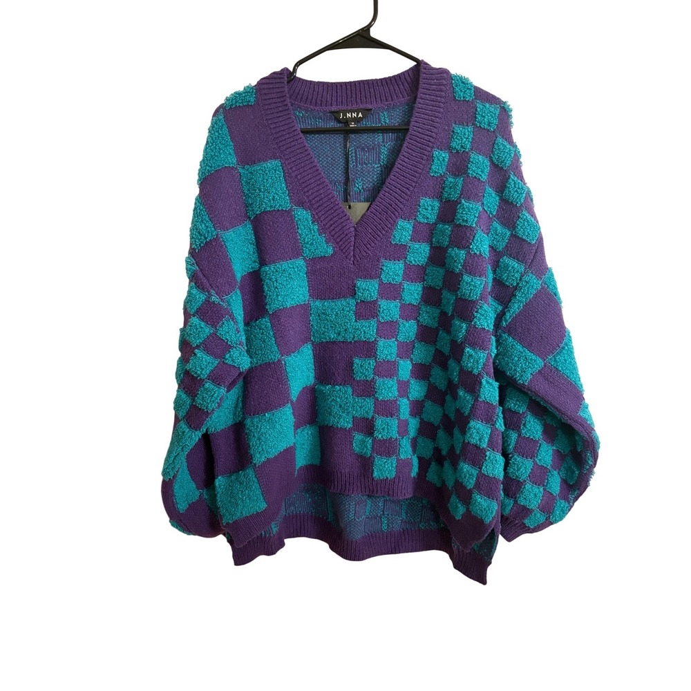 J.NNA Purple Teal Checkerboard V-Neck Oversized Knit Sweater NEW - Picture 2 of 6